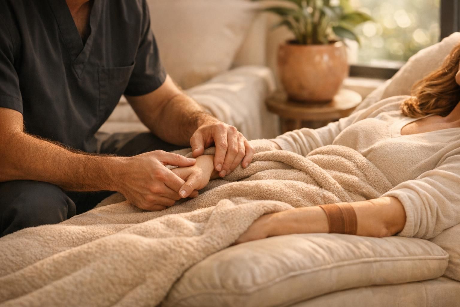Primer plano de manos de médico y paciente ajustando una manta en recuperación