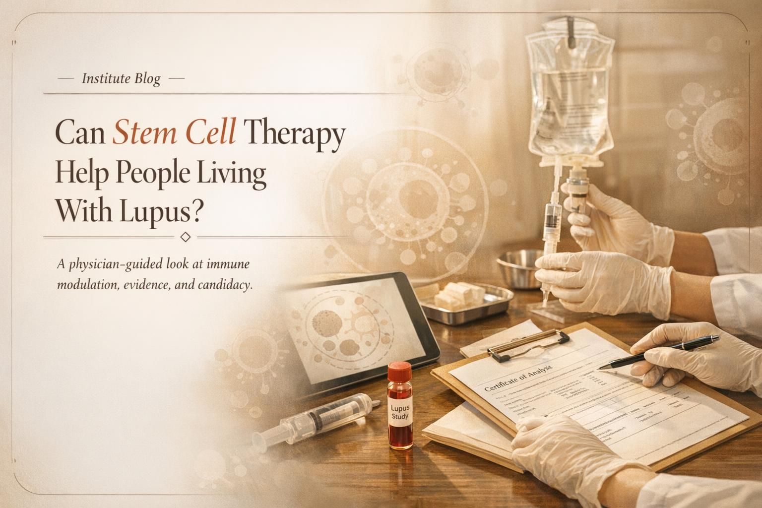 Premium editorial blog cover about stem cell therapy for lupus with physician review and immune-cell visual motifs