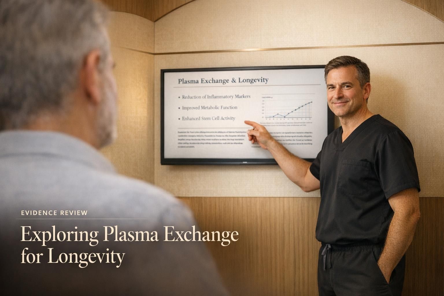 Médico y paciente analizan plasma exchange para longevidad junto a una pantalla mural.