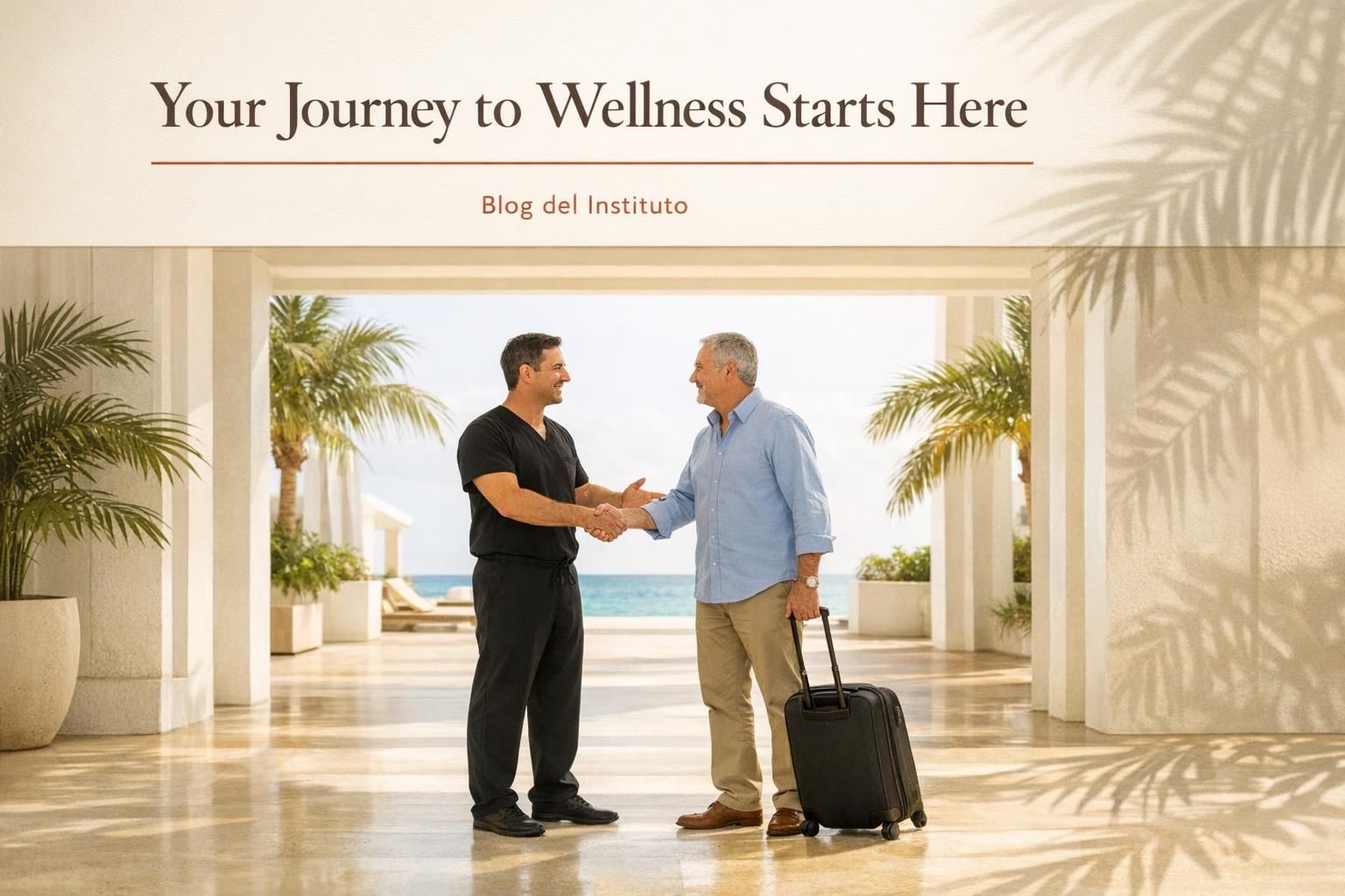 Physician welcomes a man patient at a Cancún clinic entrance with travel bag