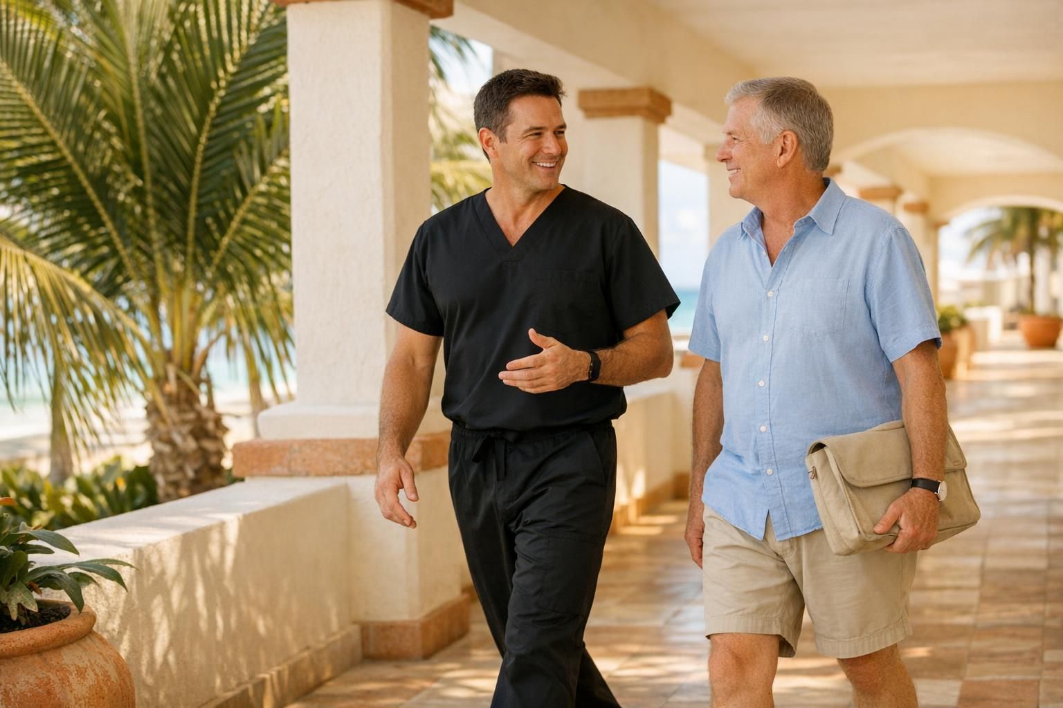 Physician and male patient walk together along a bright covered walkway in Cancún