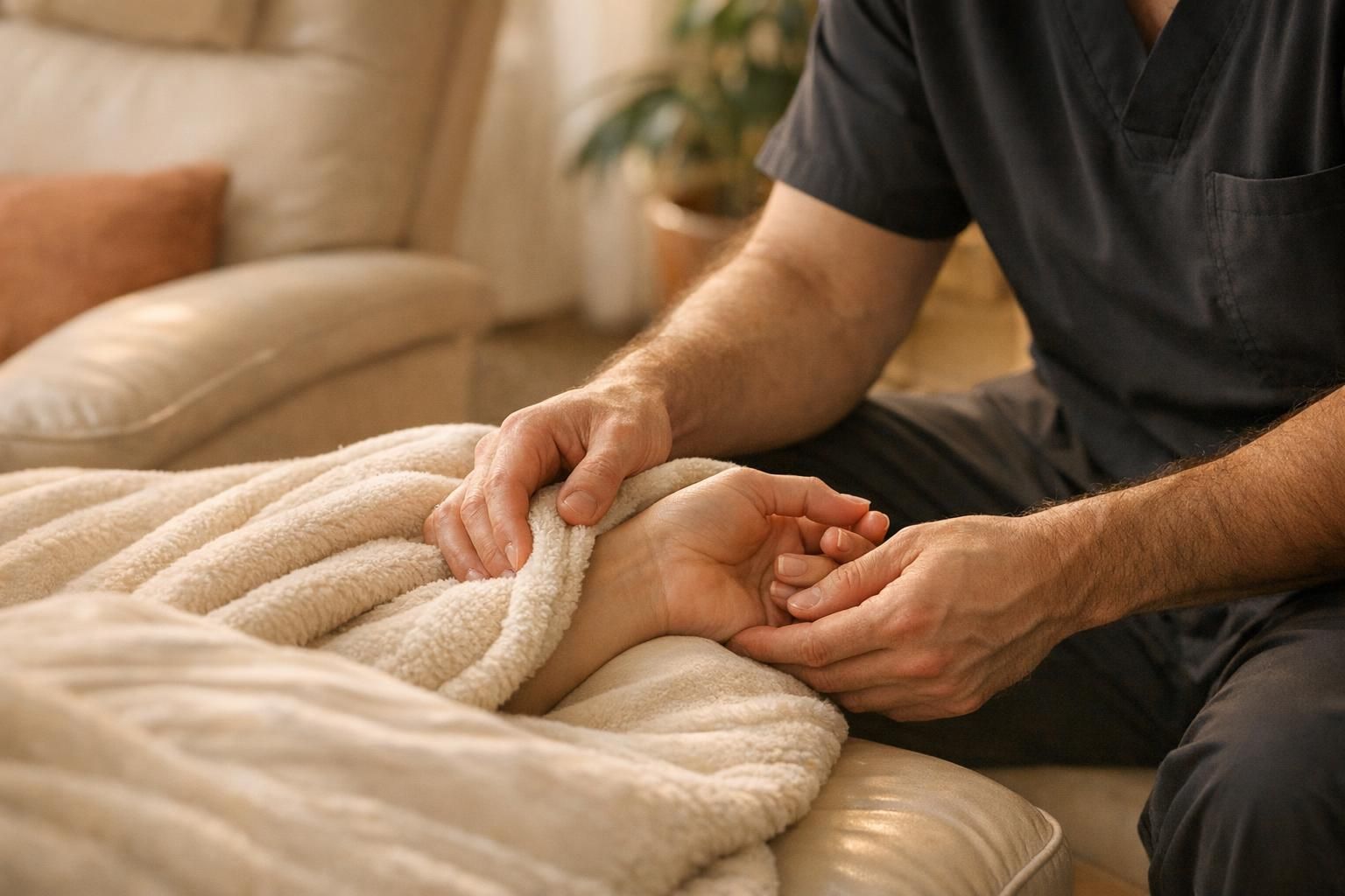 Manos del médico y del paciente ajustando una manta en un lounge de recuperación.