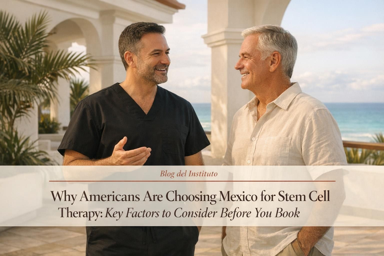 Médico y paciente conversan en la terraza de una clínica en Cancún.