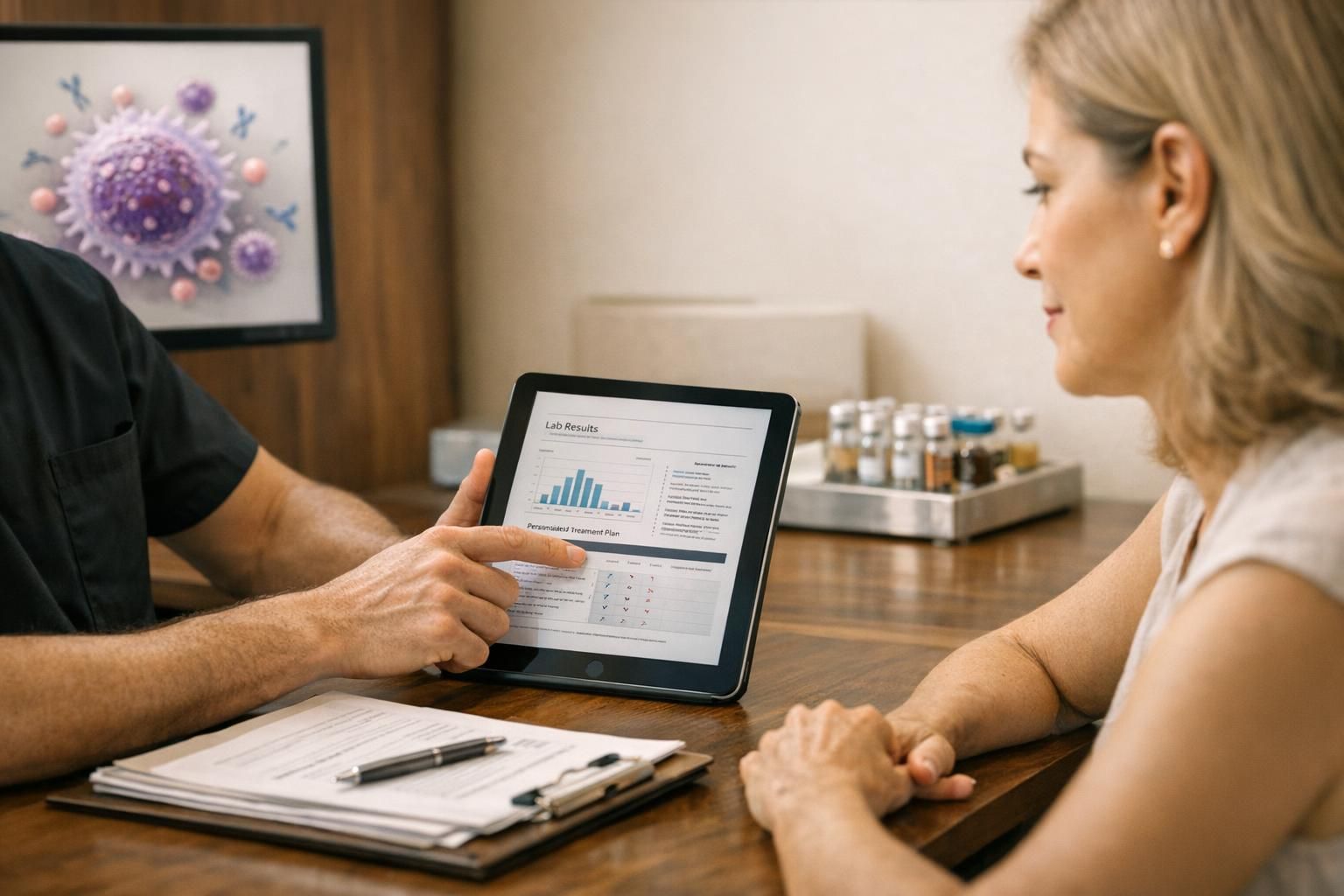 Physician and patient reviewing a personalized lupus treatment plan in a premium clinic setting