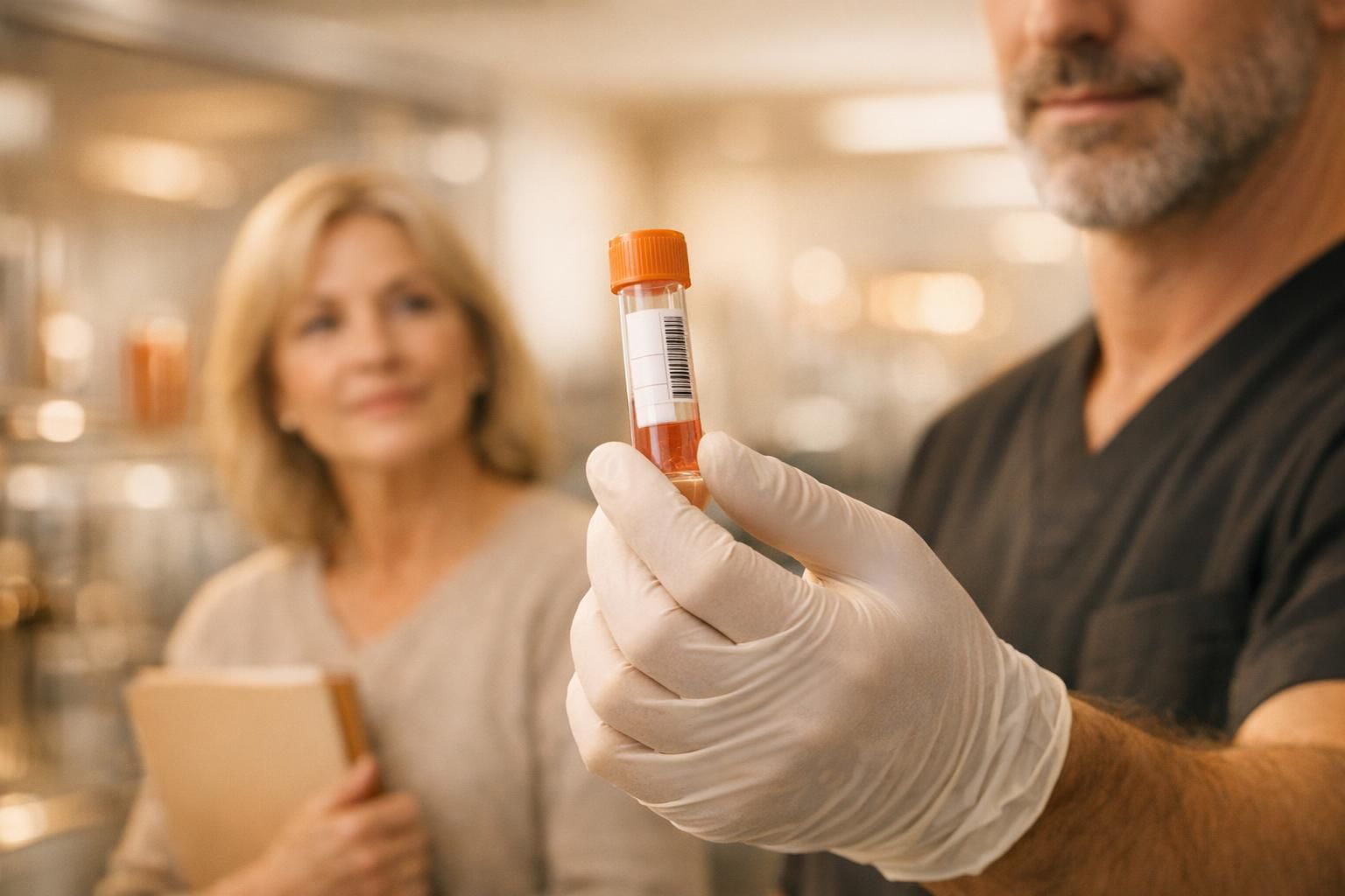 La doctora muestra un vial etiquetado en primer plano con una paciente y laboratorio desenfocados detrás.