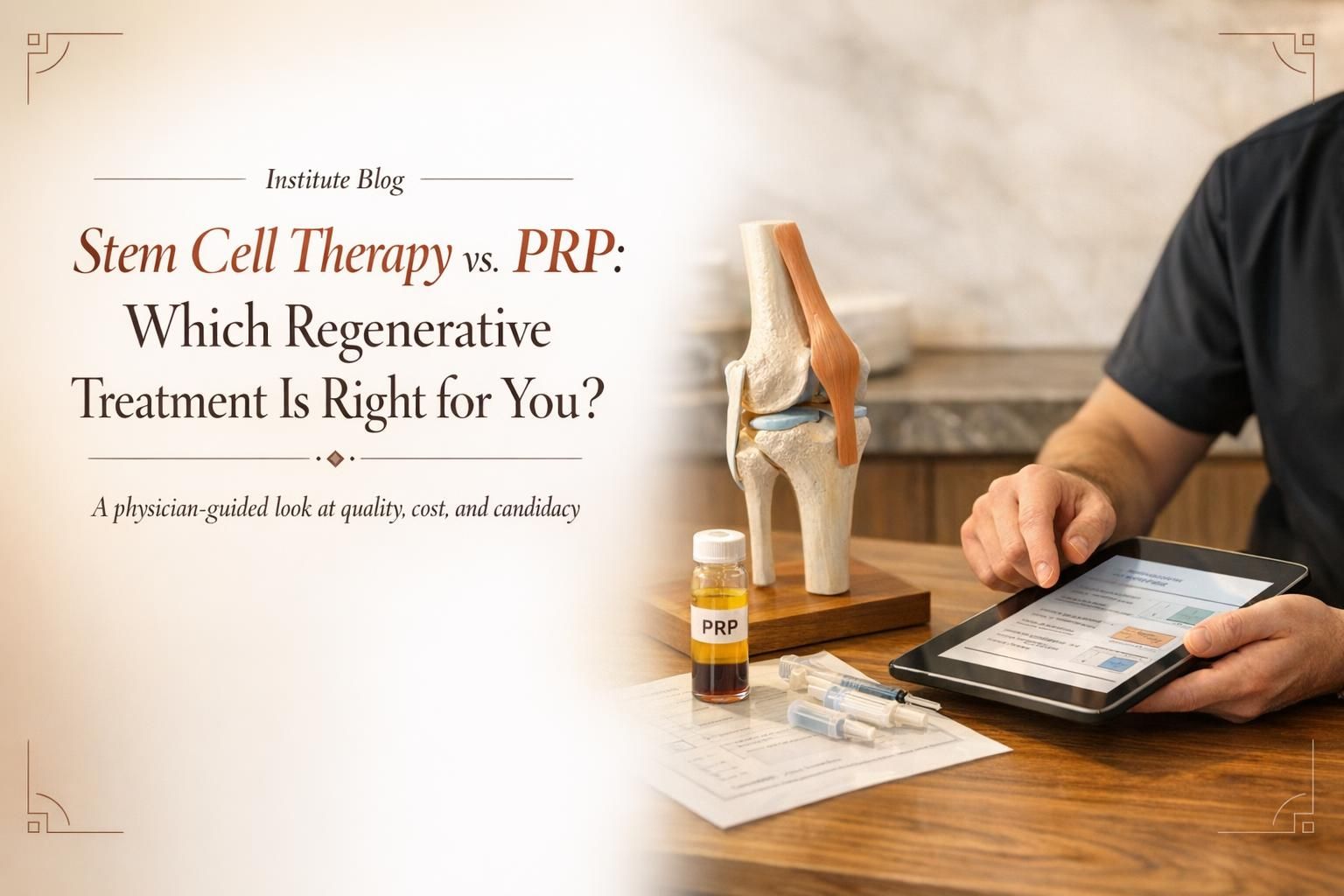Premium editorial cover image comparing stem cell therapy vs PRP in a warm clinical consultation setting with joint care visuals.