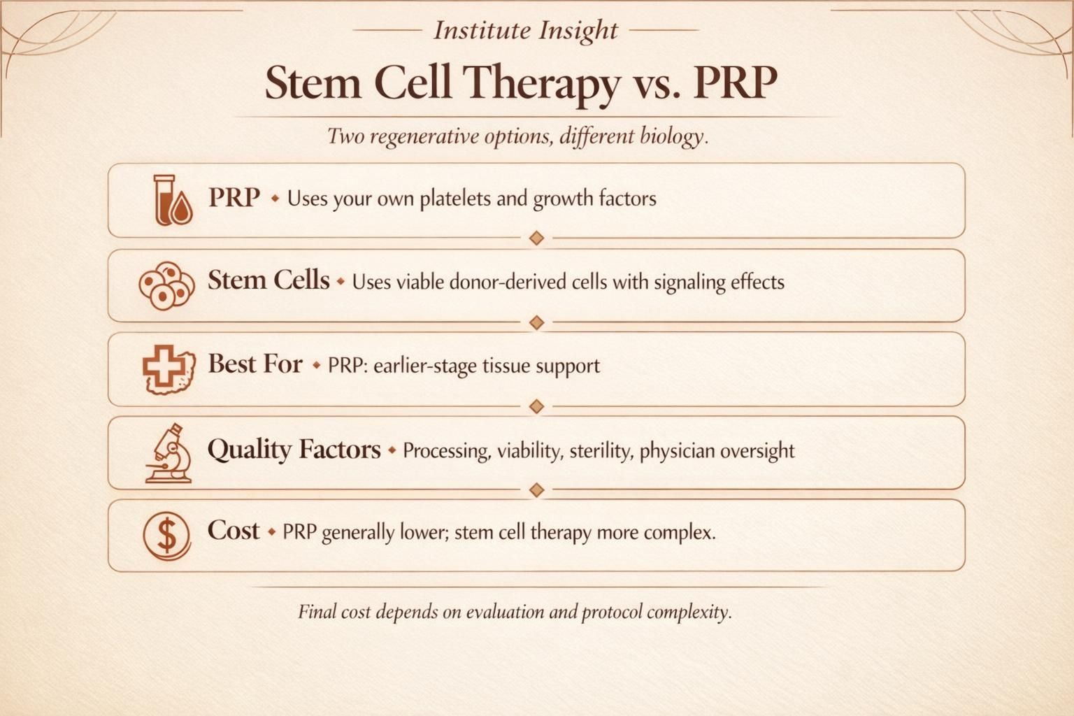 Premium comparison infographic showing how stem cell therapy and PRP differ in mechanism, candidacy, cost, and quality factors.