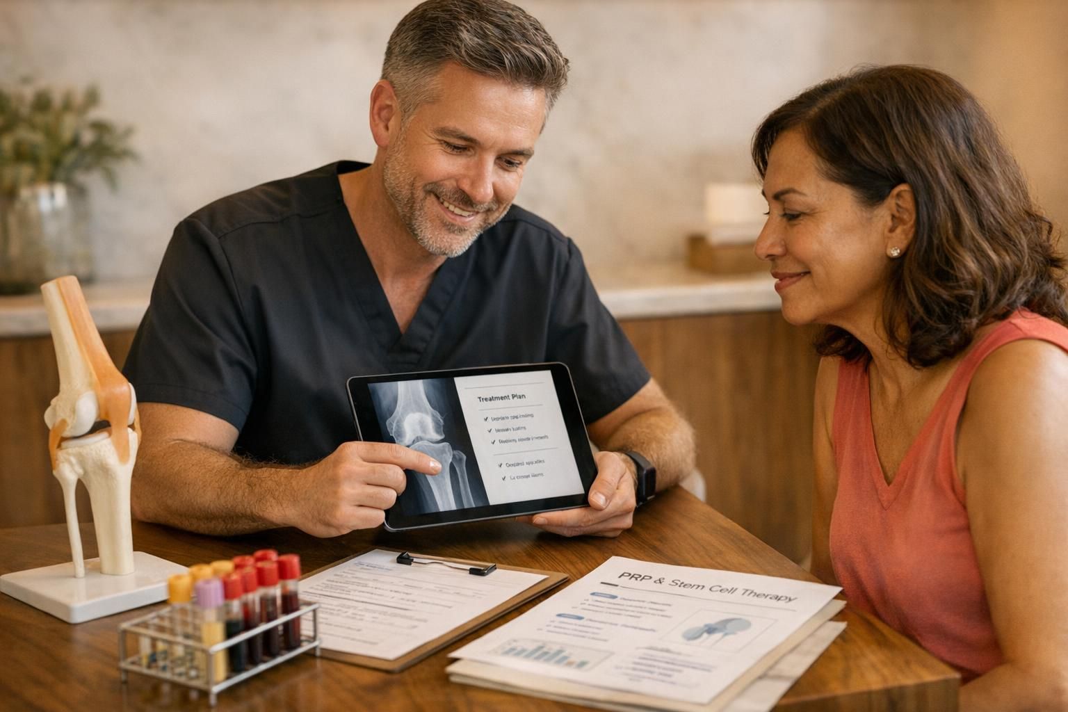 Physician and patient discussing regenerative treatment options beside a knee model and treatment documents in a premium clinic.