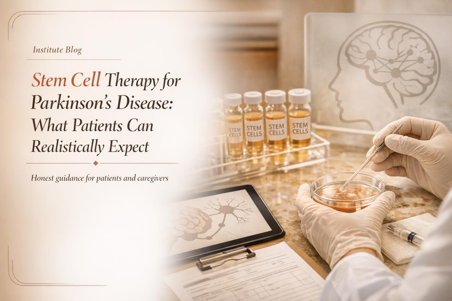 Premium editorial cover showing a physician reviewing Parkinson's care documents with a patient in a warm Cancun clinic setting, with a subtle brain motif and stem cell elements.