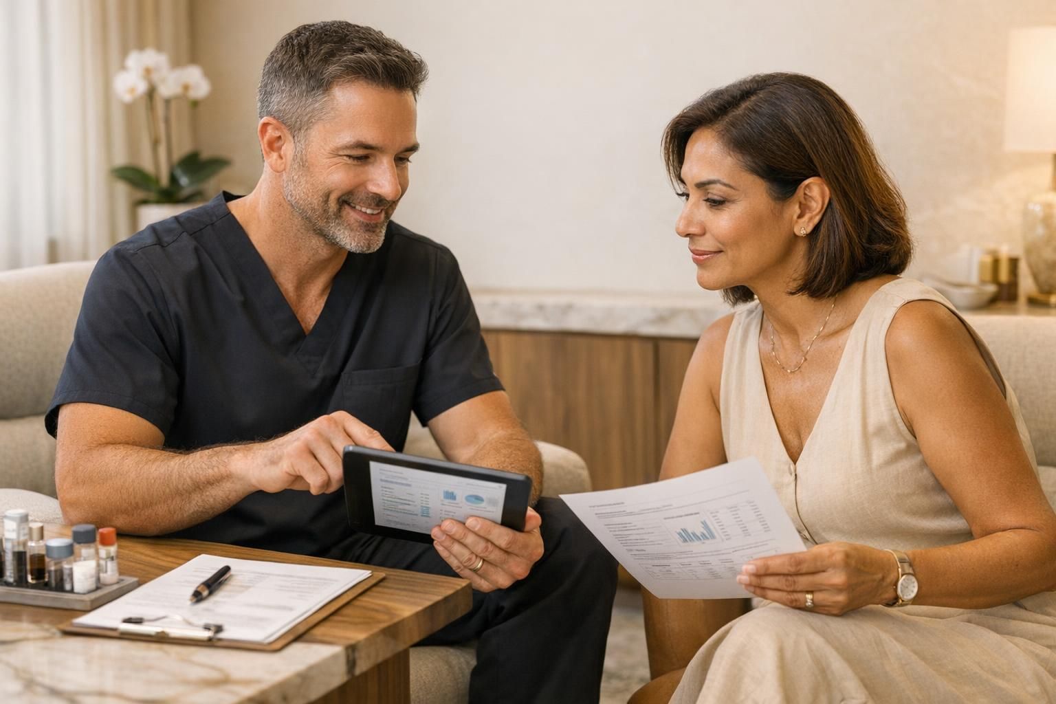 A warm, editorial photo of a doctor in black scrubs discussing regenerative treatment with an international patient in a premium Cancun clinic.