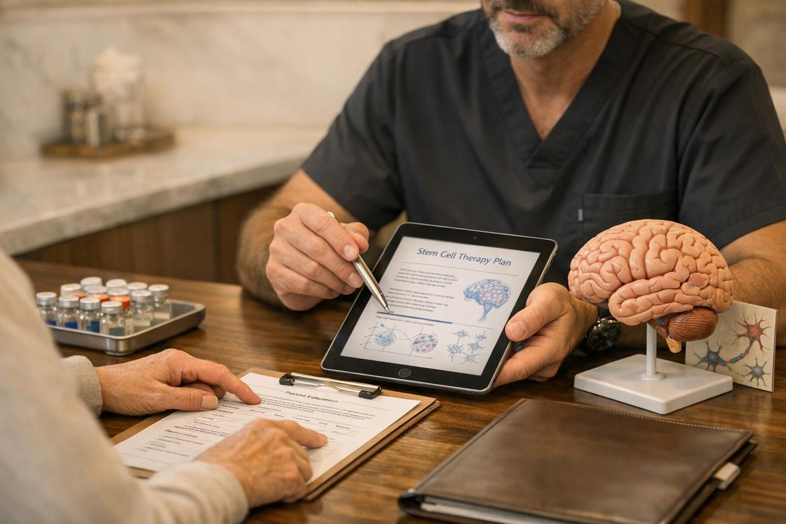 Physician-led consultation in a warm clinic room with a patient discussing Parkinson