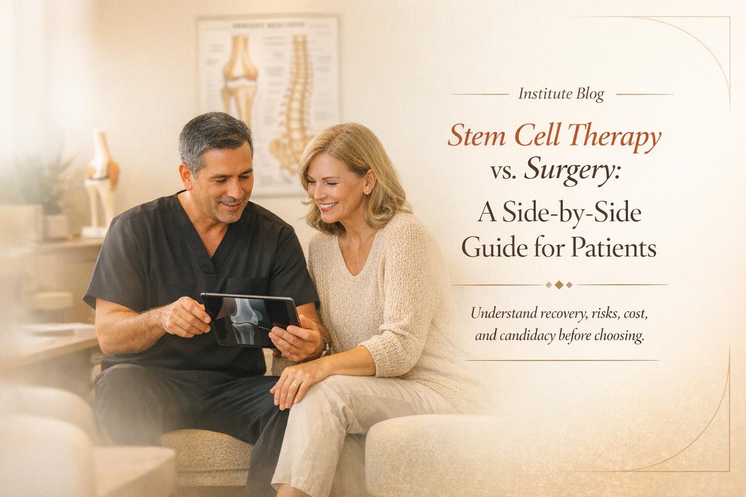 Premium editorial cover comparing stem cell therapy versus surgery for orthopedic patients in a warm modern clinic setting.