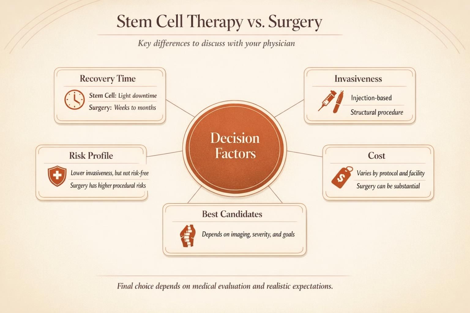 Side-by-side comparison infographic showing differences between stem cell therapy and surgery for recovery, risk, cost, and candidacy.