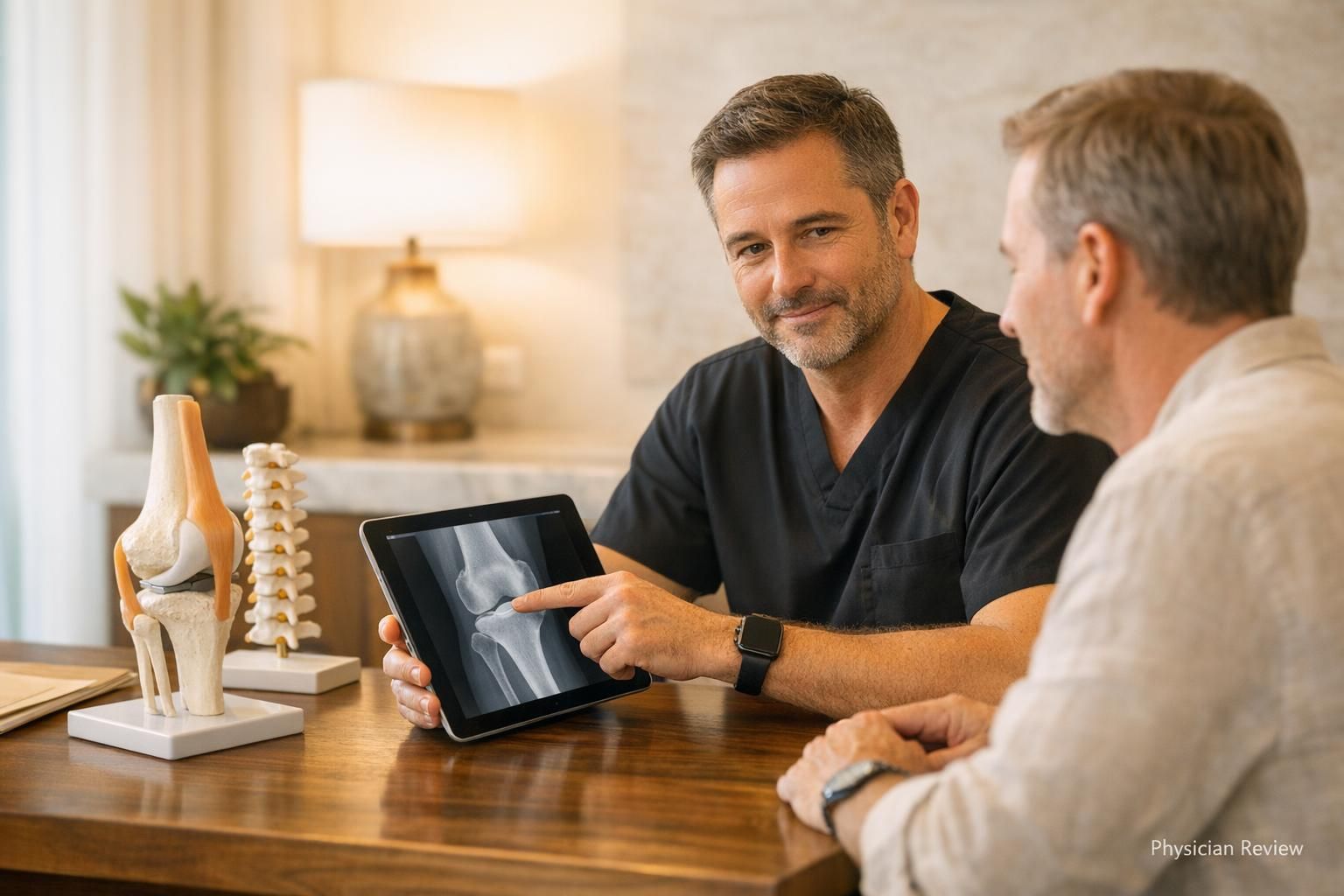 Physician reviewing orthopedic imaging and treatment options with a patient in a premium clinic consultation room.