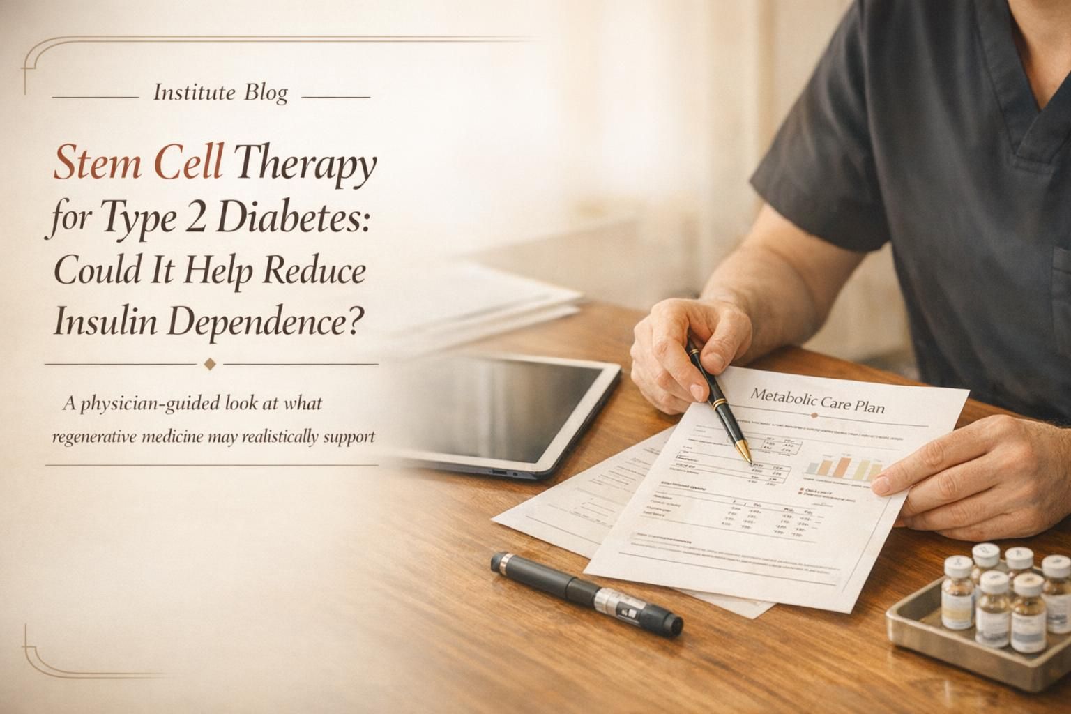 Premium editorial blog cover for stem cell therapy and type 2 diabetes with physician-led consultation visuals and insulin support theme.