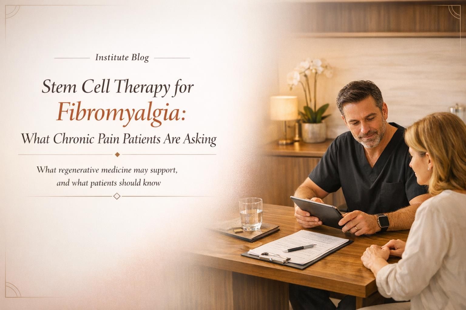 Premium blog cover about stem cell therapy for fibromyalgia with a physician consultation scene and title overlay.
