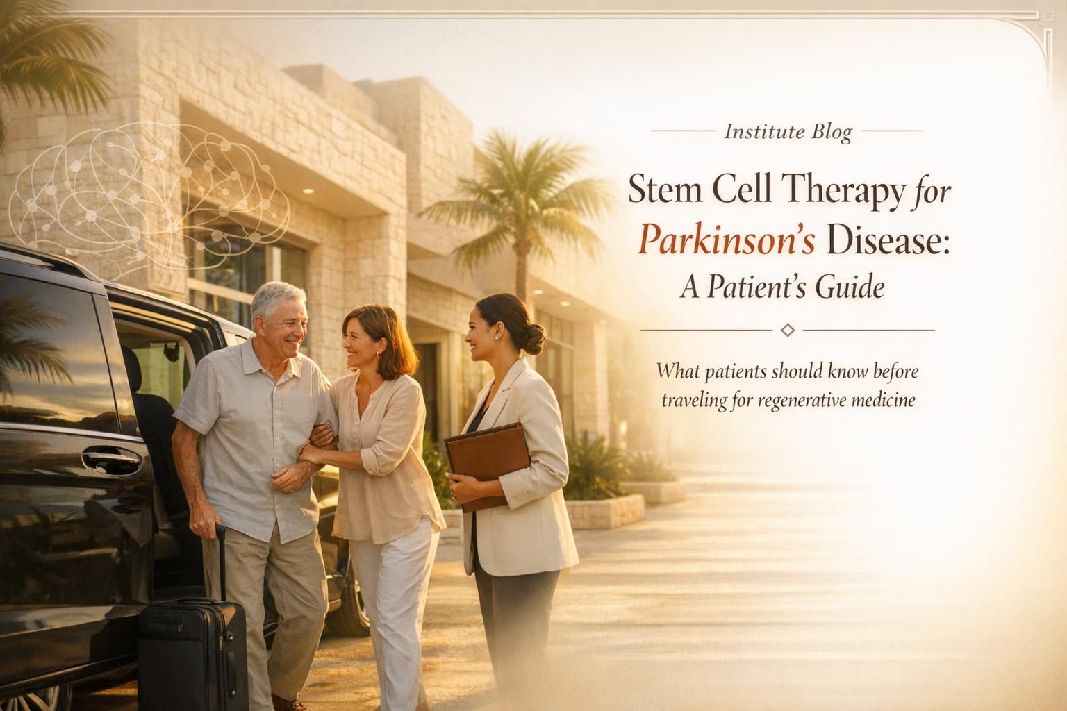 Premium editorial cover showing a neurologist and patient reviewing a Parkinson’s care plan in a warm Cancun clinic setting with subtle brain and cell motifs.