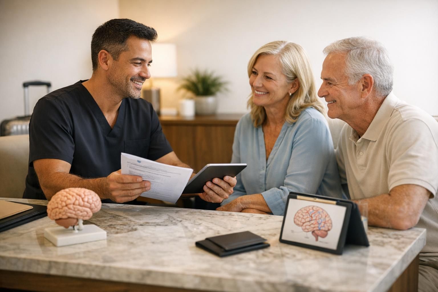 A physician in black scrubs reviewing stem cell product documentation and a brain health plan with a patient in a warm clinic consultation room.