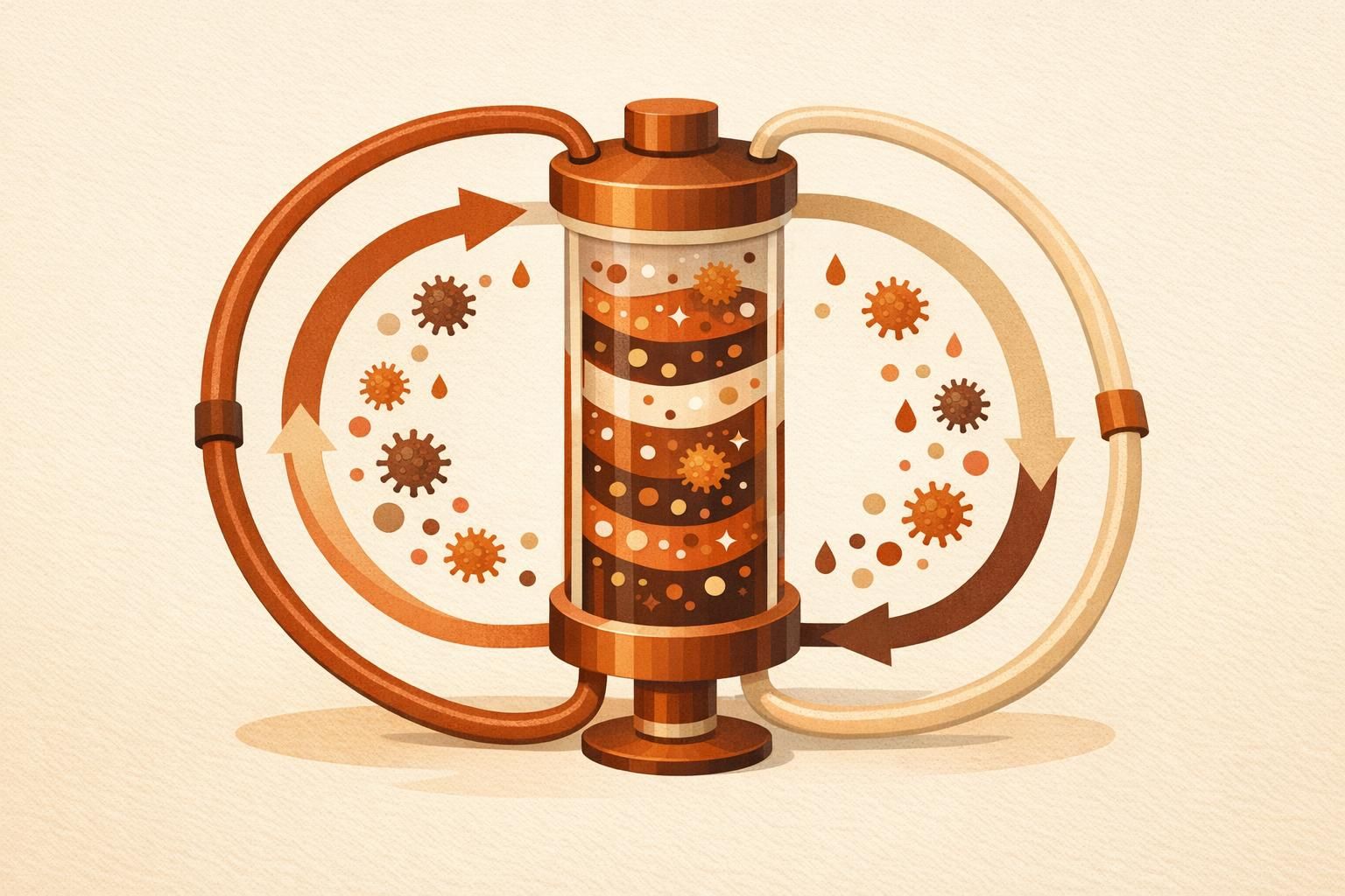 Ilustración de filtro sanguíneo estilizado para long COVID y medicina regenerativa