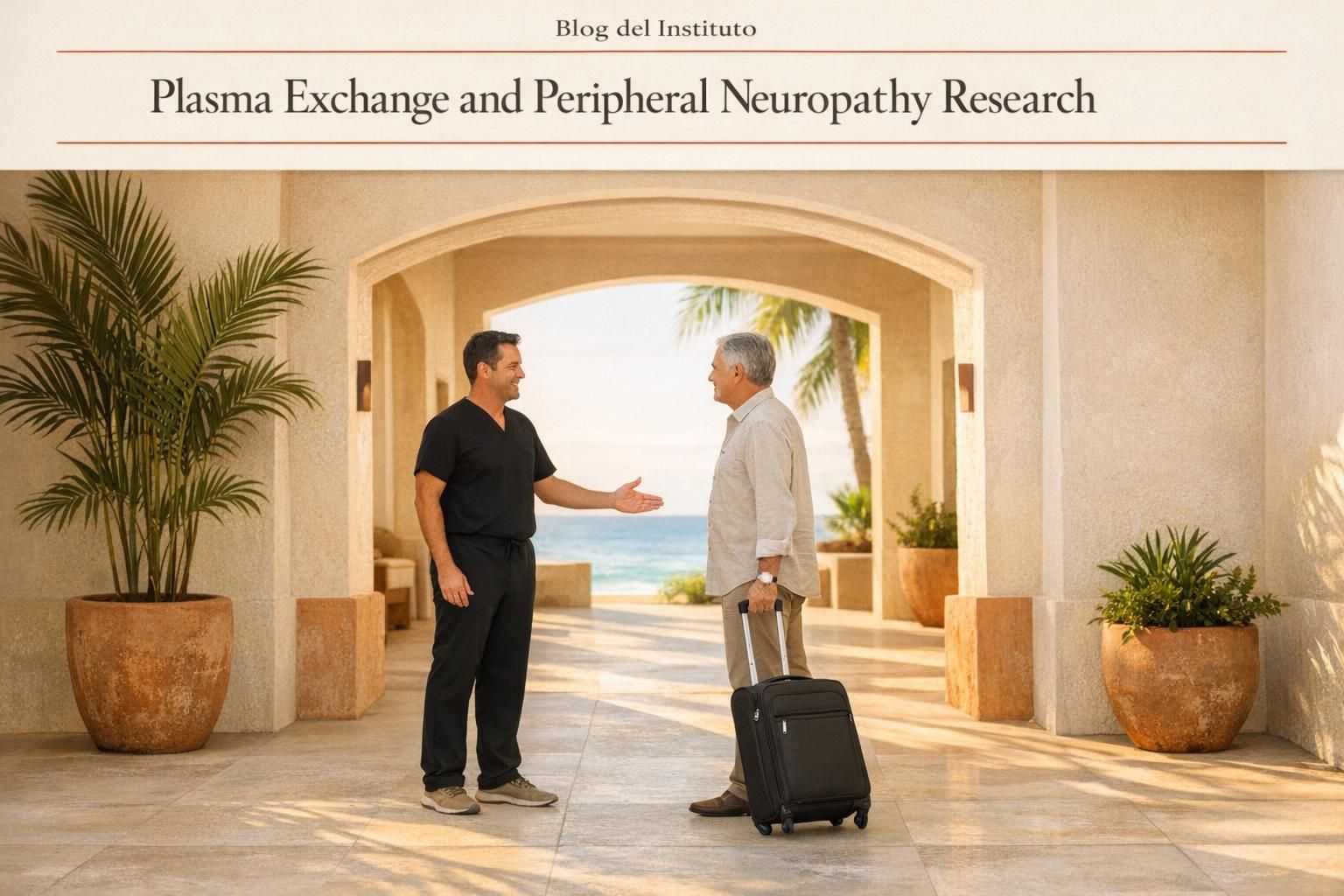 Physician welcomes a man patient at a bright Cancún clinic entrance.