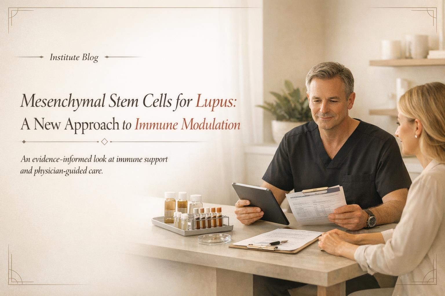 Premium editorial cover image about mesenchymal stem cells for lupus with a physician-led consultation scene and readable blog title overlay.