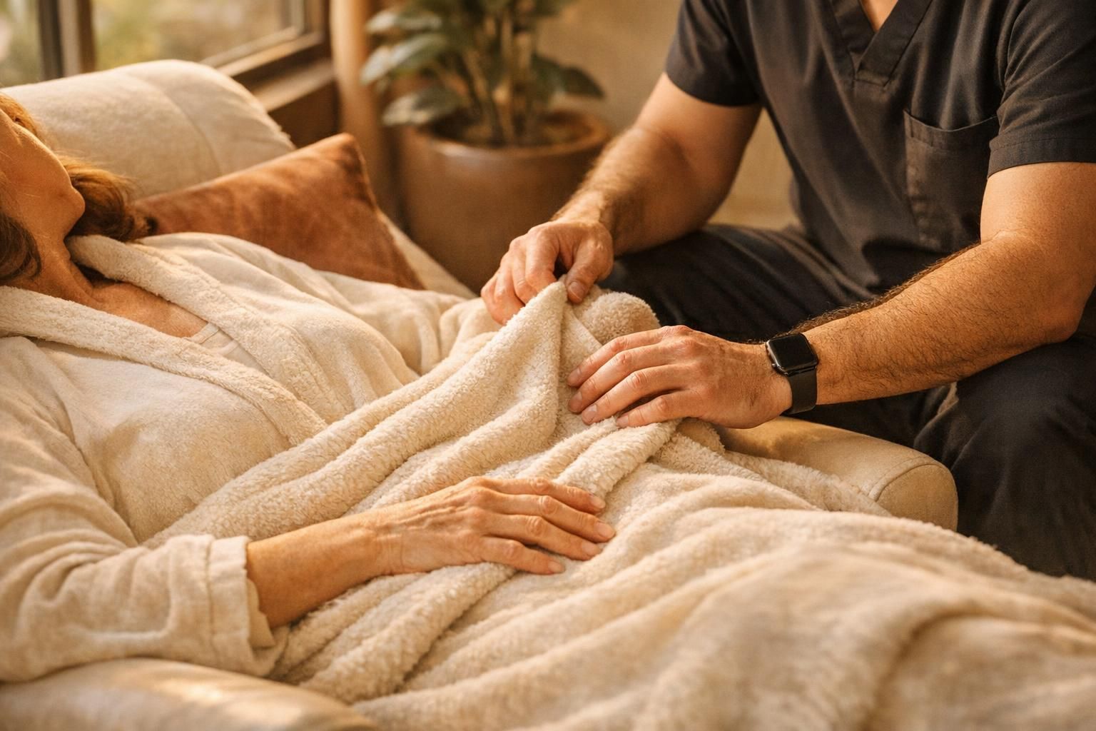 Physician gently adjusting a blanket for a patient in a warm recovery lounge