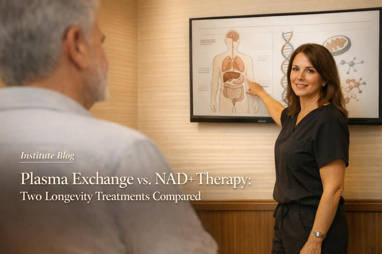 Physician explaining plasma exchange and NAD+ therapy to a patient in a consultation room