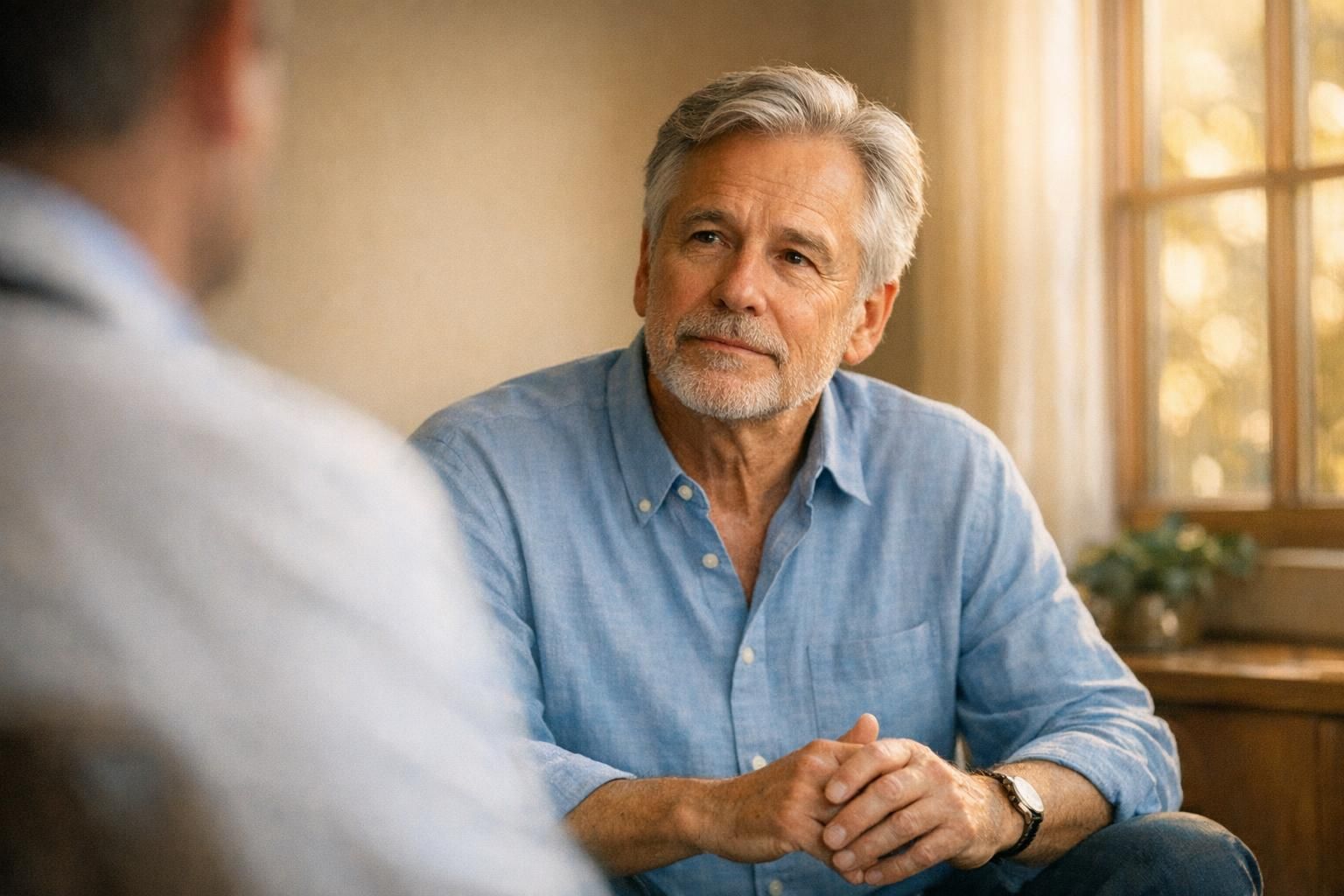 Thoughtful patient seated by a window during a longevity consultation