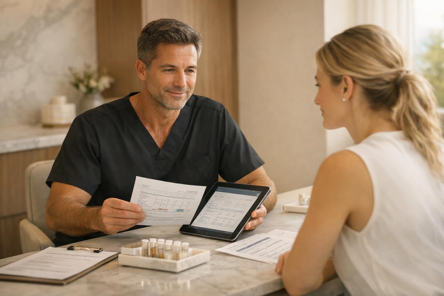 Warm editorial photo of a physician in black scrubs reviewing stem cell quality documentation with a patient in a premium clinic setting.
