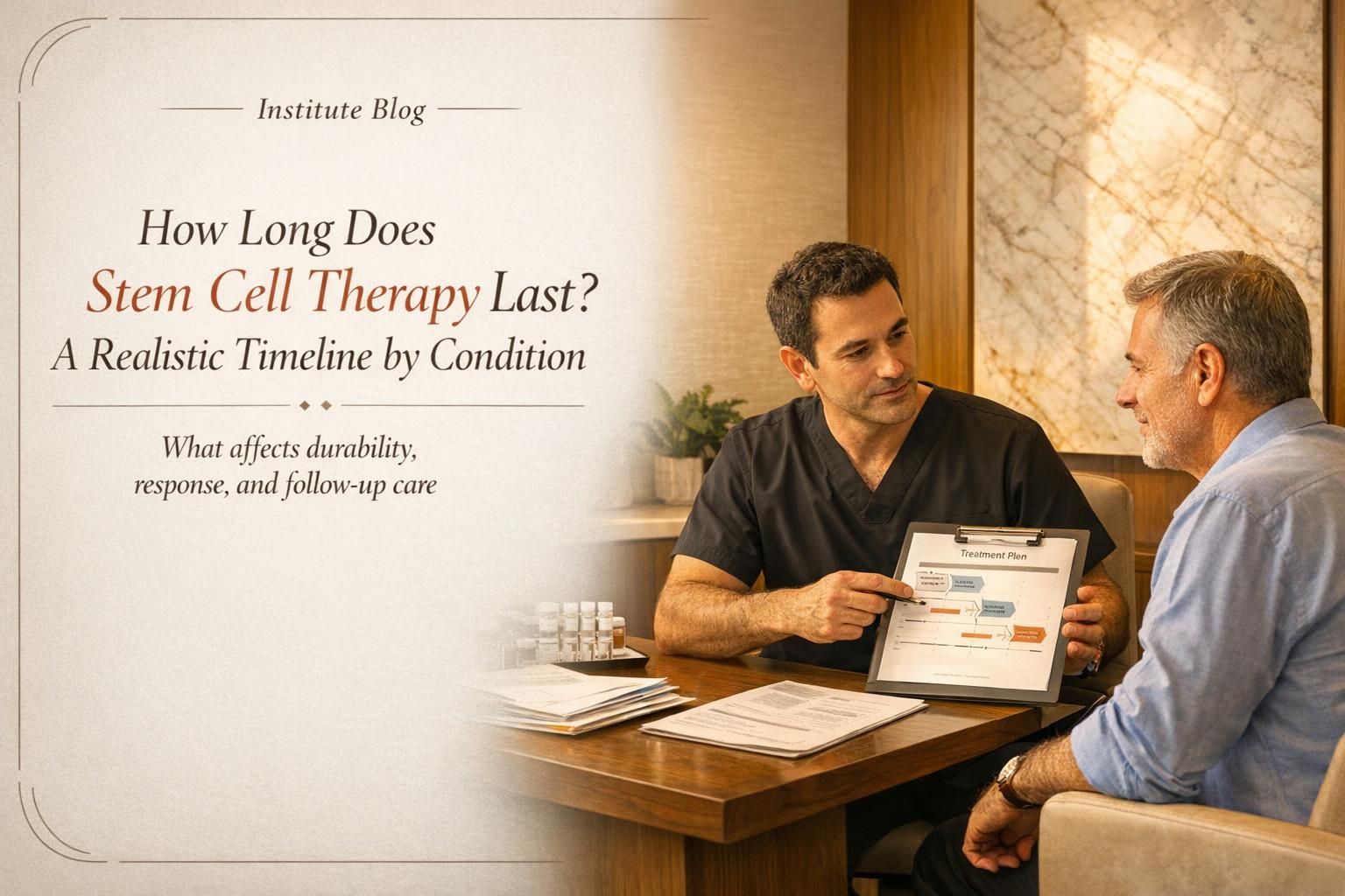 Premium editorial blog cover showing a physician-led stem cell therapy consultation with a realistic timeline concept.
