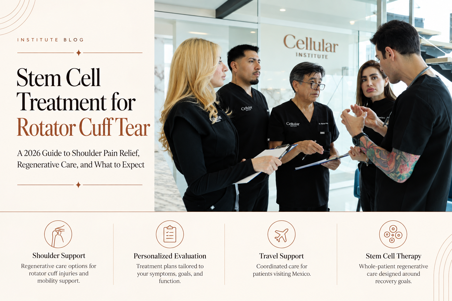 image for “Stem Cell Treatment for Rotator Cuff Tear” showing Cellular Institute clinicians discussing a treatment plan in a modern clinic, with callouts for shoulder support, personalized evaluation, travel support, and regenerative care.