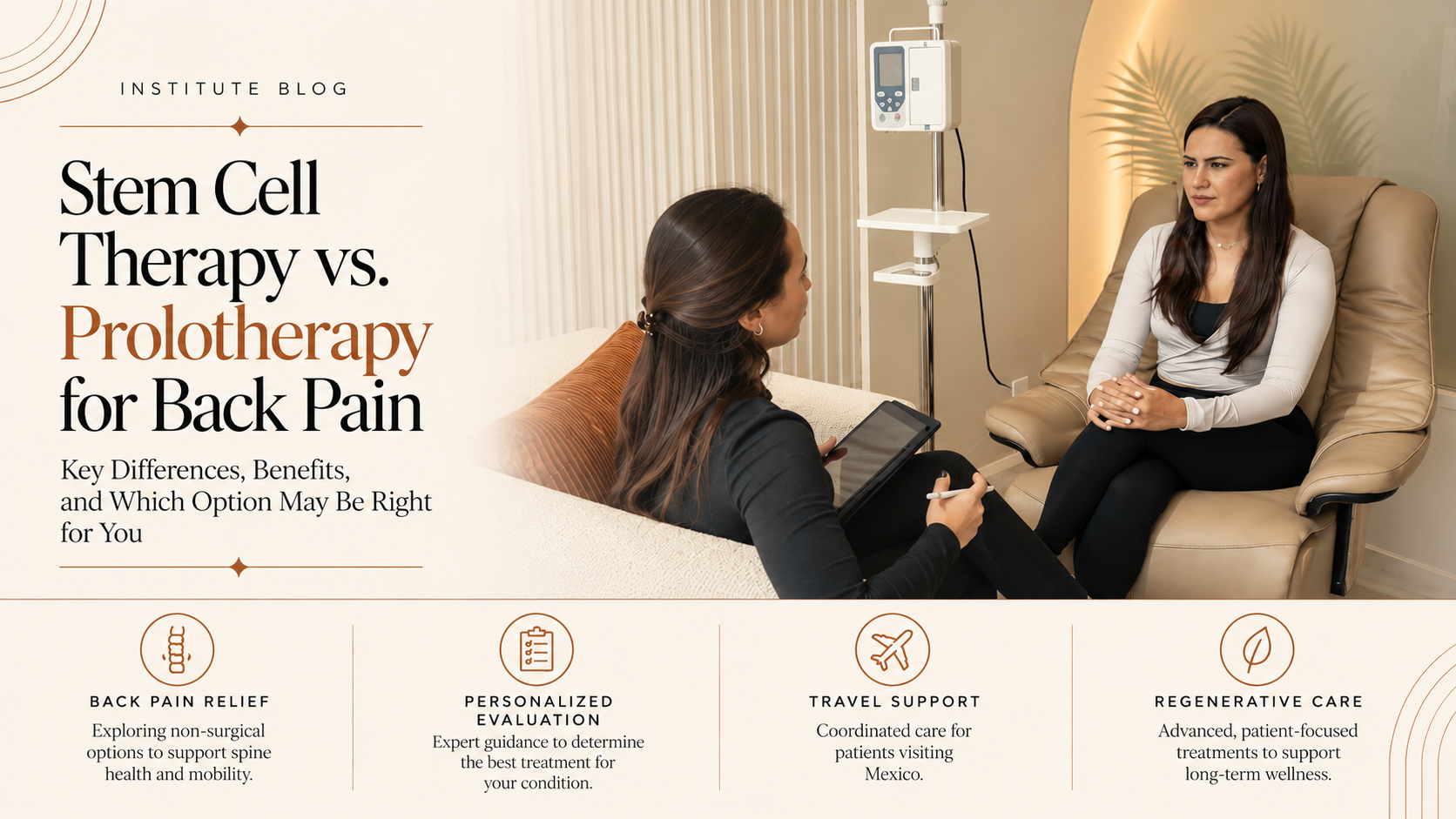 image for “Stem Cell Therapy vs. Prolotherapy for Back Pain” showing a clinician consulting with a patient in a warm clinic setting, with callouts for back pain relief, personalized evaluation, travel support, and regenerative care.