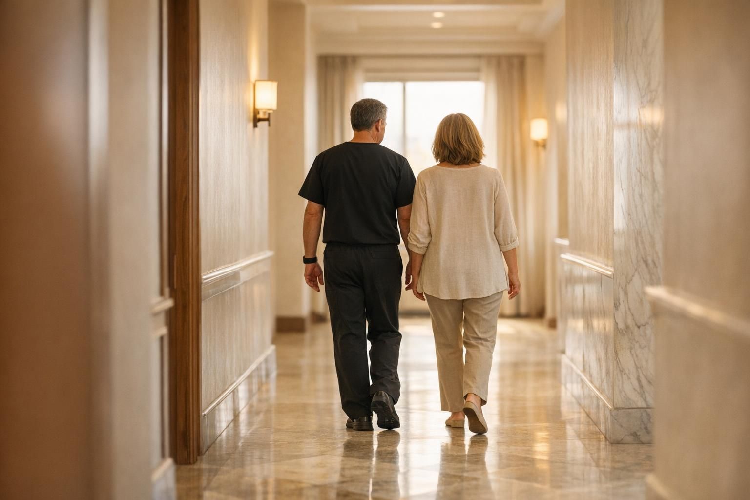 Doctor and patient walking away from a consultation room down a bright corridor