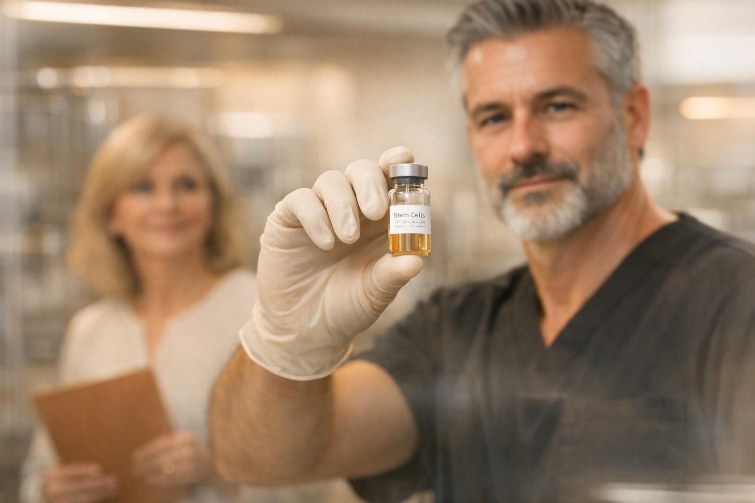 Gloved physician holds a labeled vial toward the camera with a patient and lab softly blurred behind.