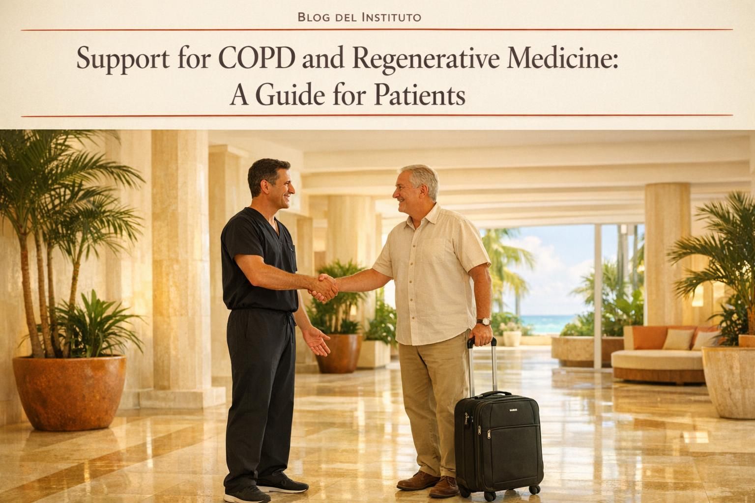 Physician welcoming a man with COPD at the Cancún clinic entrance