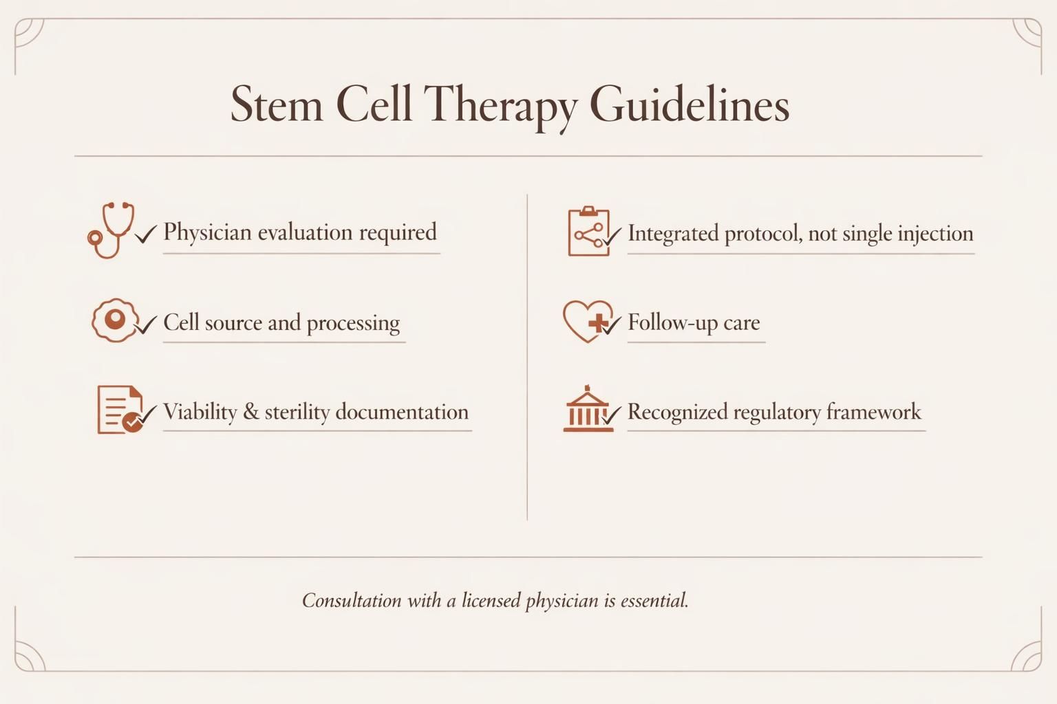 Lista visual de factores clave para evaluar terapia con células madre en Crohn.