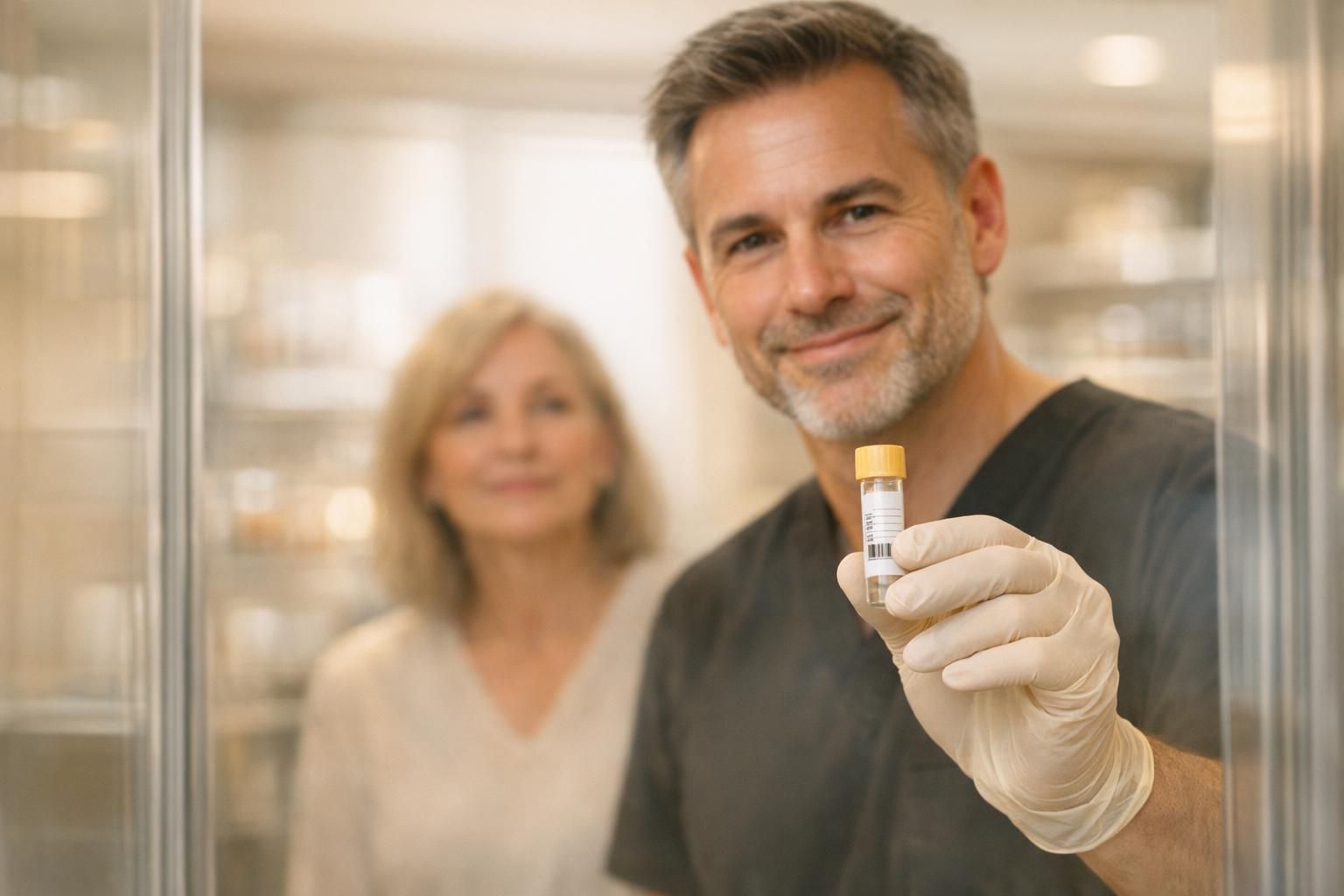 Primer plano de un médico mostrando un vial etiquetado con la paciente desenfocada al fondo.