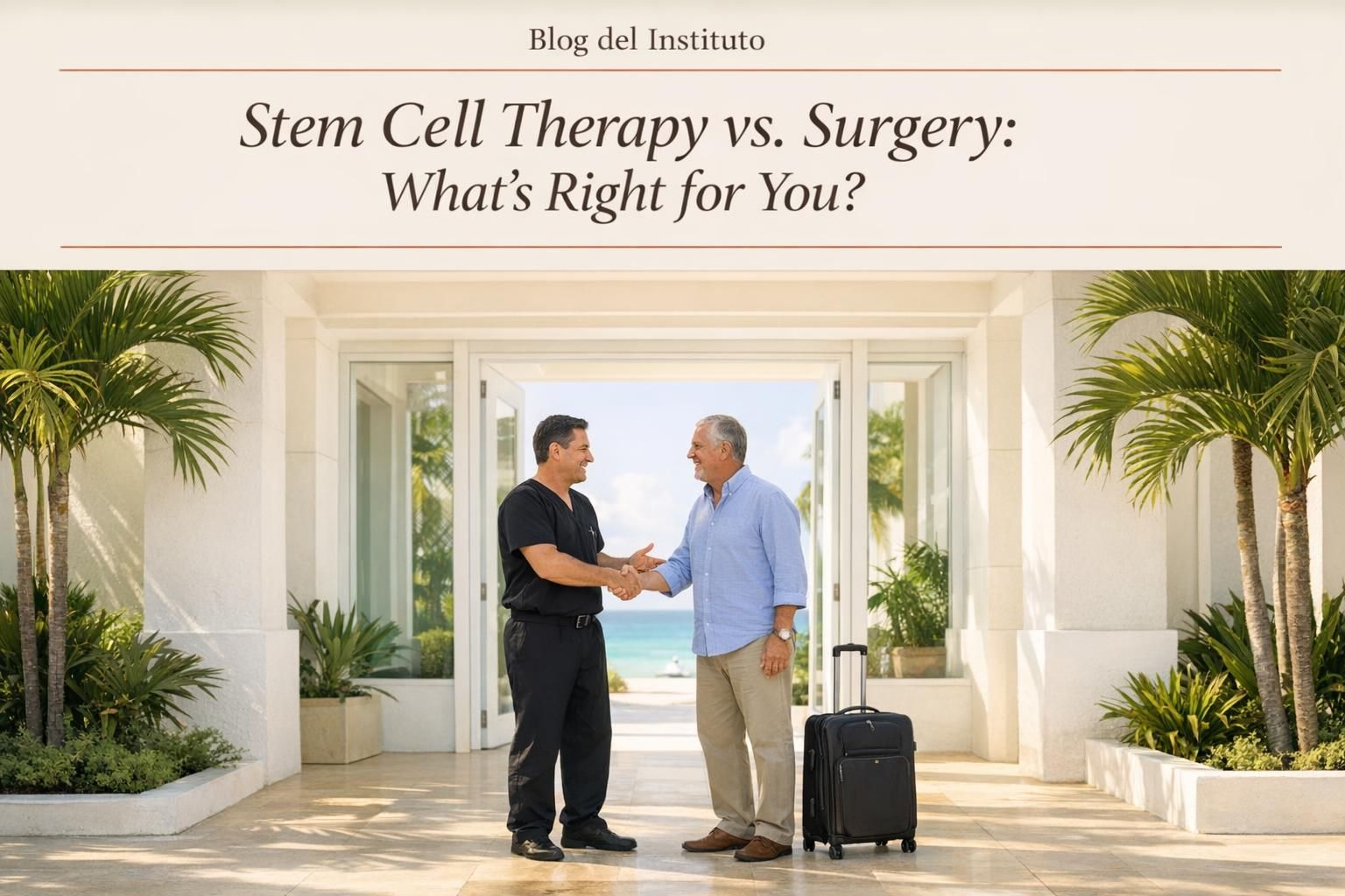 Physician welcoming a man patient at a Cancun clinic entrance with palms and warm daylight