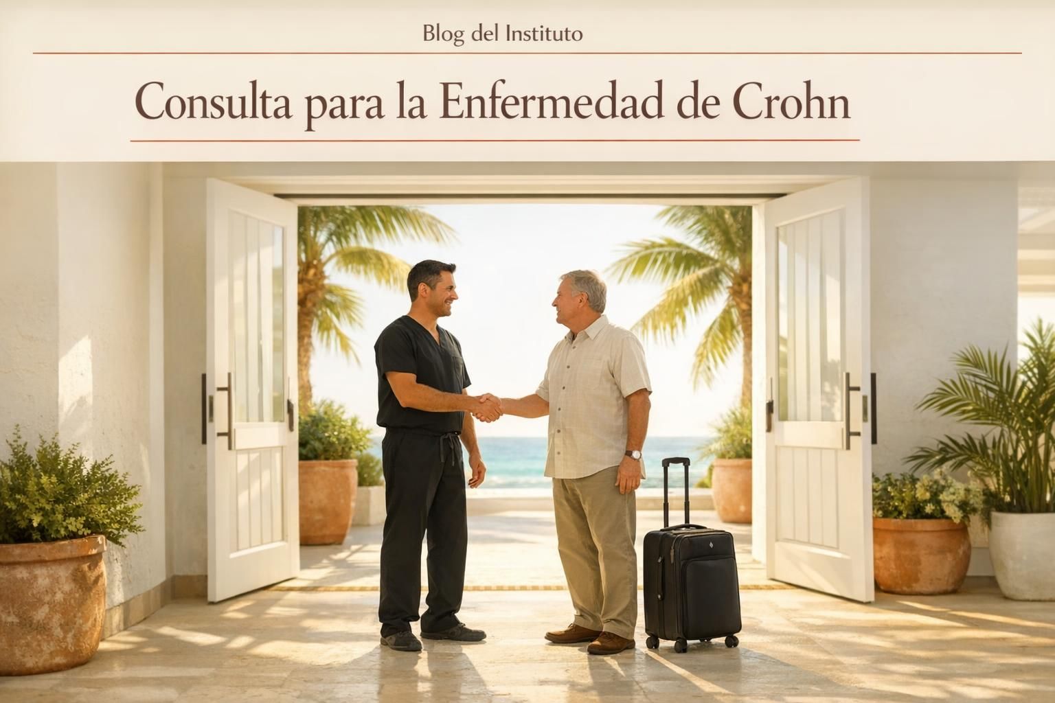 Médico da la bienvenida a un paciente con Crohn en la entrada de la clínica en Cancún